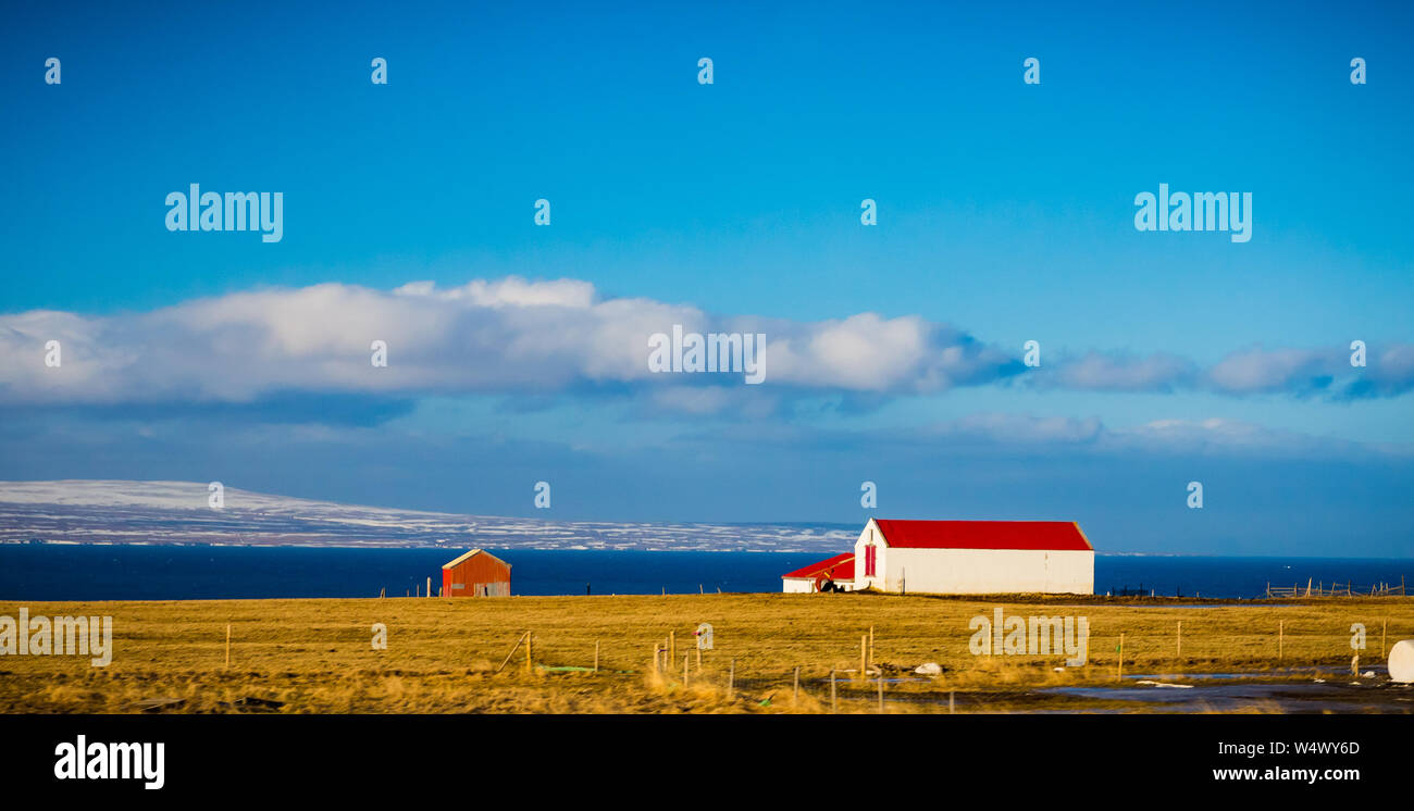 Isländisches Bauernhaus und Schuppen mit hellrotem Dach und schneebedeckten Bergen Stockfoto