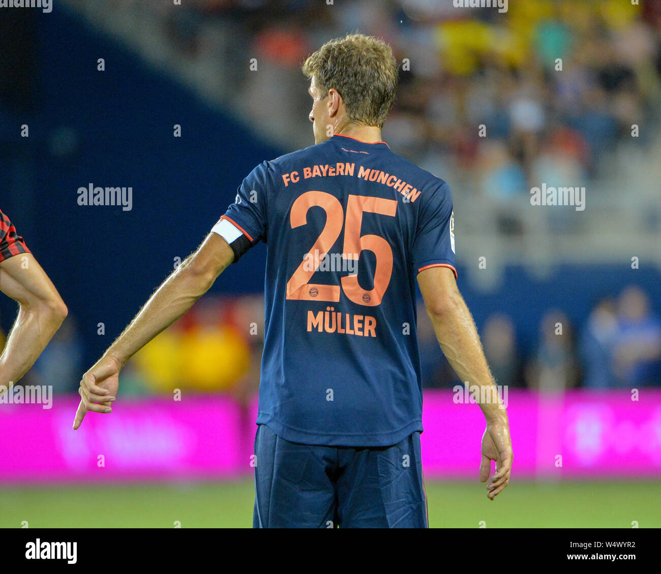 Kansas City, KS, USA. 23. Juli, 2019. Bayern vorwärts, Thomas Müller (25), während der 2019 Internationale Champions Pokalspiel zwischen dem AC Mailand und dem FC Bayern, am Children's Mercy Park in Kansas City, KS. Bayern besiegt AC Mailand, 1-0. Kevin Langley/Sport Süd Media/CSM/Alamy leben Nachrichten Stockfoto