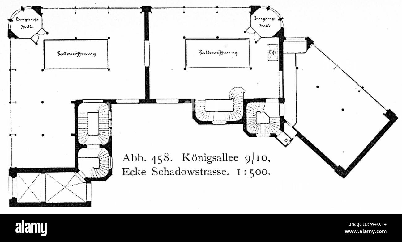 Cornelius-Haus an der Königsallee 9bis 10 Ecke Schadowstraße und Blumenstraße in Düsseldorf erbaut 1896 bis 1897 Architekten Klein & Dörschel Grundriss. Stockfoto