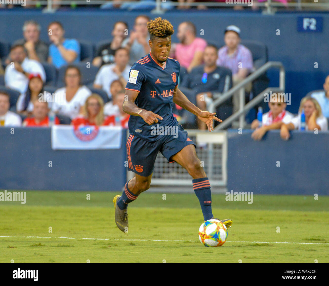 Kansas City, KS, USA. 23. Juli, 2019. Bayern Mittelfeldspieler, Kingsley Coman (29), in der Tätigkeit während der 2019 Internationale Champions Pokalspiel zwischen dem AC Mailand und dem FC Bayern, am Children's Mercy Park in Kansas City, KS. Bayern besiegt AC Mailand, 1-0. Kevin Langley/Sport Süd Media/CSM/Alamy leben Nachrichten Stockfoto