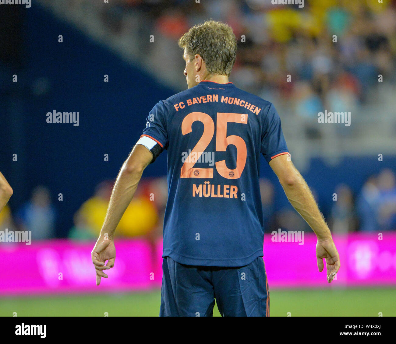 Kansas City, KS, USA. 23. Juli, 2019. Bayern vorwärts, Thomas Müller (25), während der 2019 Internationale Champions Pokalspiel zwischen dem AC Mailand und dem FC Bayern, am Children's Mercy Park in Kansas City, KS. Bayern besiegt AC Mailand, 1-0. Kevin Langley/Sport Süd Media/CSM/Alamy leben Nachrichten Stockfoto