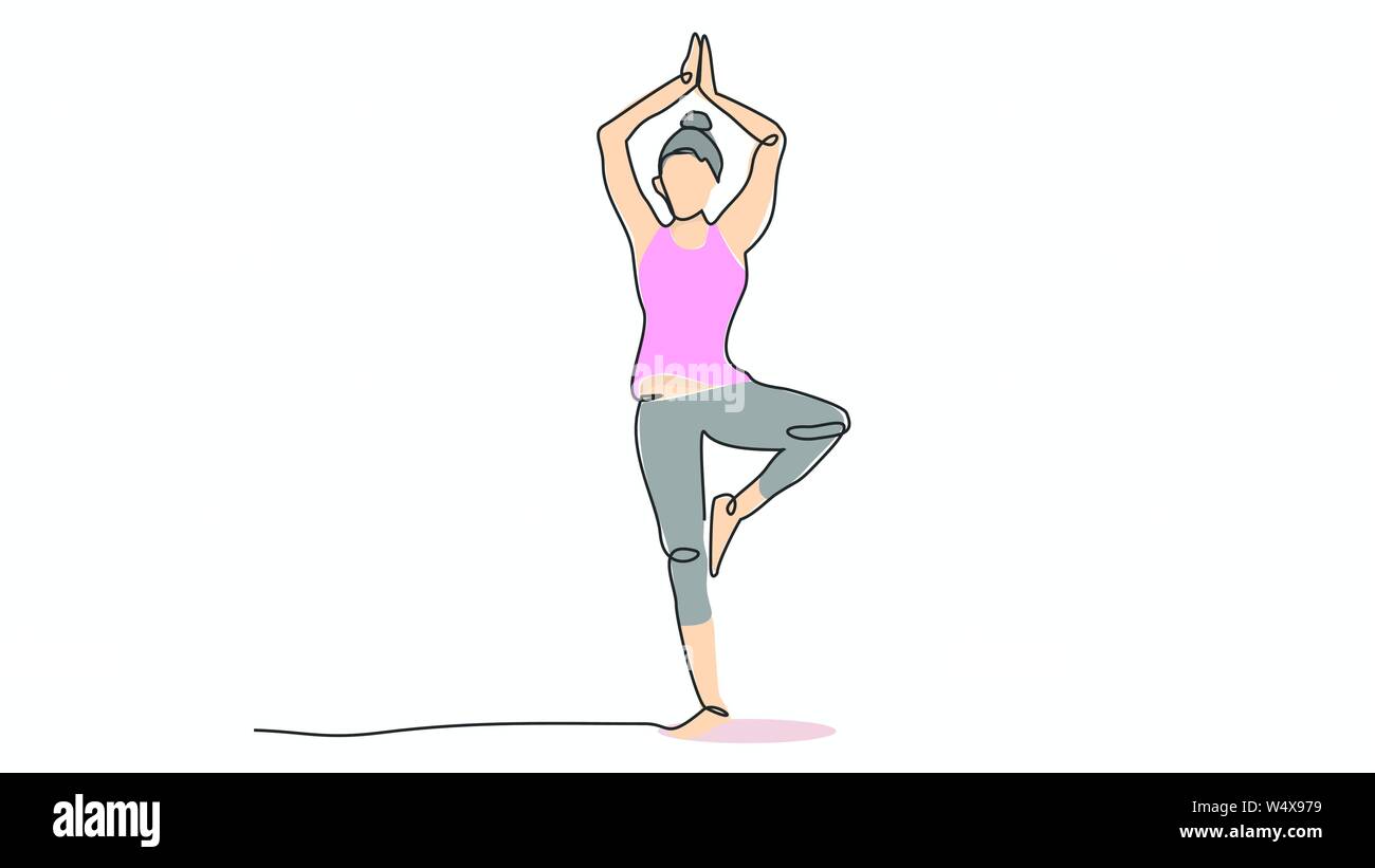 Frau stehen in einem Fuß Meditation Yoga meditation einzelne Linie schlechte Zeichnung mit Wasser Farbe efect Flat Style Abbildung Stock Vektor