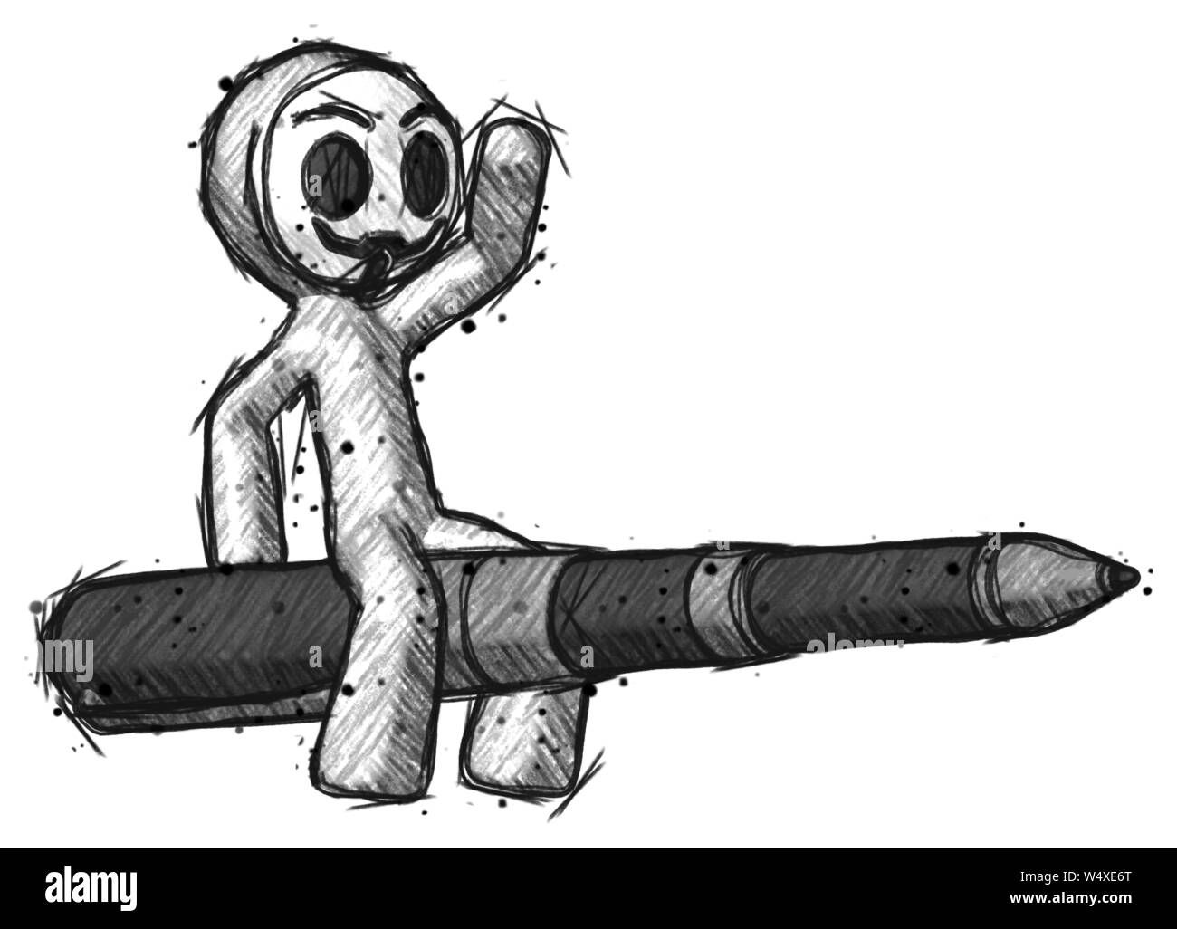 Skizze wenig anarchistischen hacker Mann, eine Feder, die wie eine riesige Rakete. Stockfoto