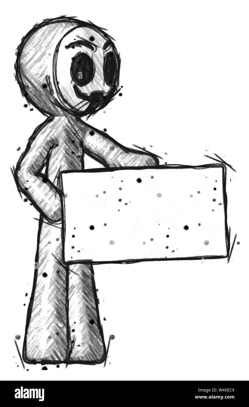 Skizze wenig anarchistischen hacker Mann mit großen Umschlag. Stockfoto