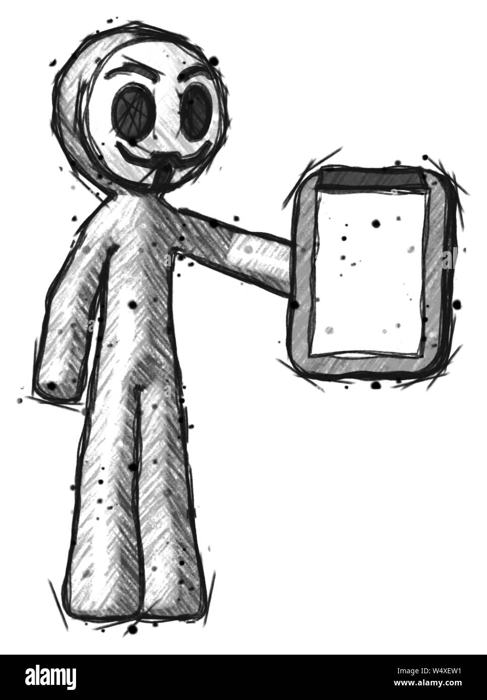 Skizze wenig anarchistischen hacker Mann mit Zwischenablage Viewer. Stockfoto