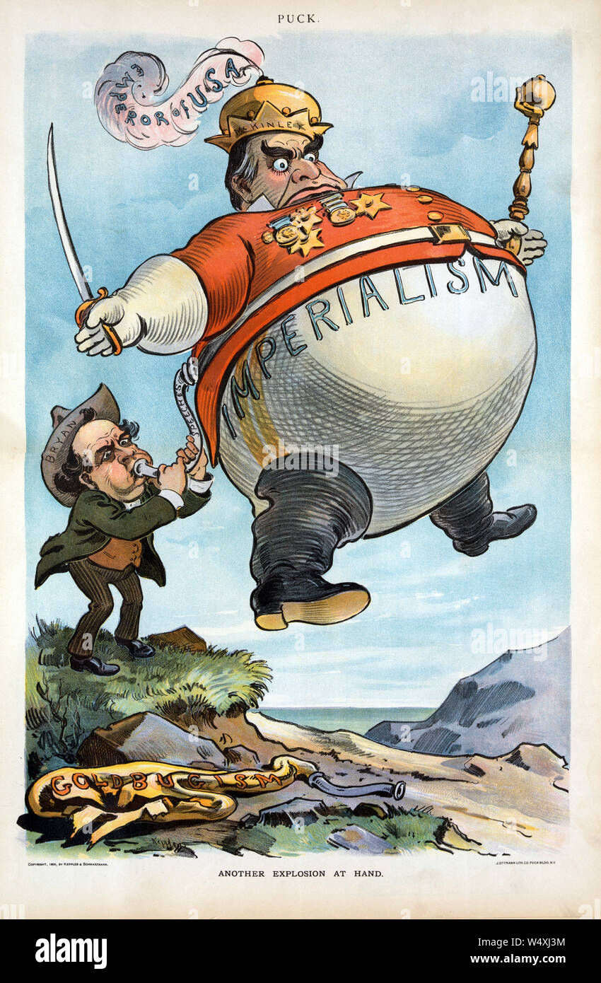 "Eine weitere Explosion bei der Hand", Politische Karikatur mit William Jennings Bryan, mit heißer Luft aus seiner peeches', die mit einem großen Ballon mit der Aufschrift "Imperialismus", des Präsidenten William McKinley aufpumpen gekleidet als "Kaiser der USA", Holding ein Zepter und Schwert, Artwork von Udo J. Keppler, Lithographie von J. Ottmann Lith. Co., von Keppler & Schwartzmann, 19. September 1900 veröffentlicht Stockfoto