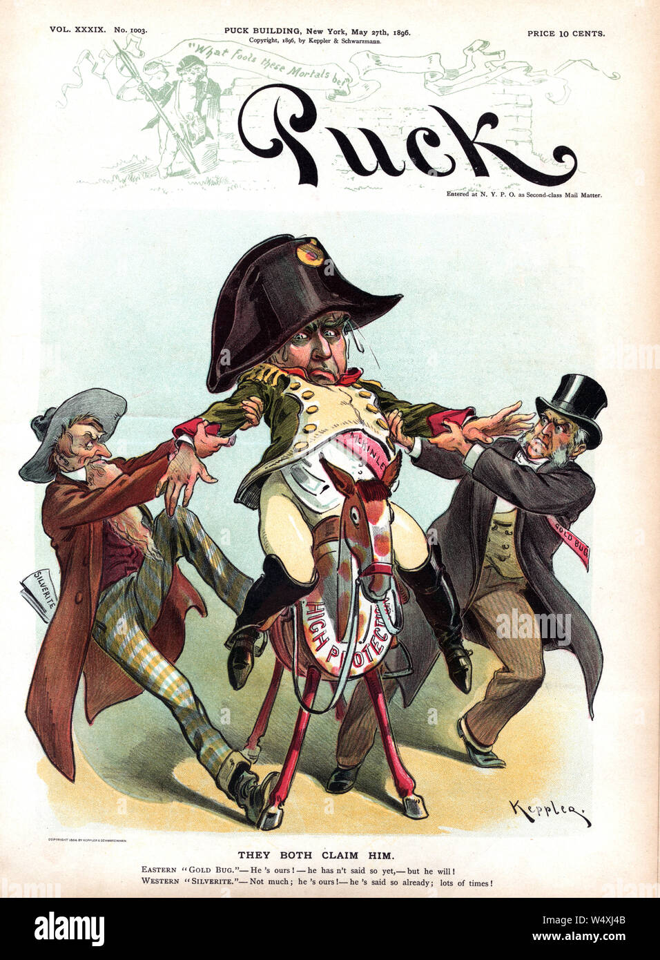 "Sie beide behaupten, Ihn', Politische Karikatur, Puck Magazin, Artwork von Udo J. Keppler, von Keppler & Schwartzmann, 27. Mai 1896 veröffentlicht. Stockfoto
