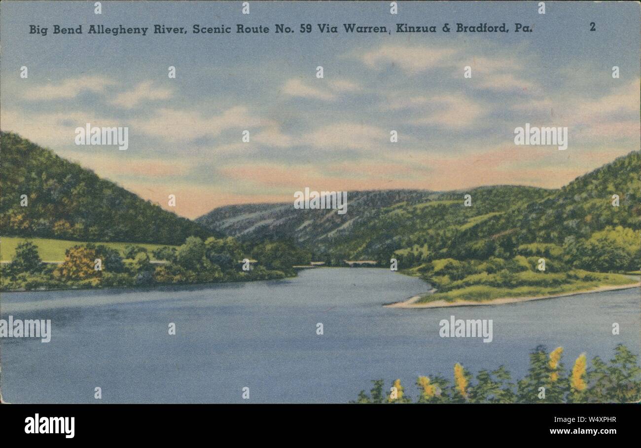 Alte Ansichtskarte Reproduktion des Big Bend Allegheny River, schöne Route Nr. 59 über Warren Kinzua und Bradford, Pennsylvania, 1930. () Stockfoto