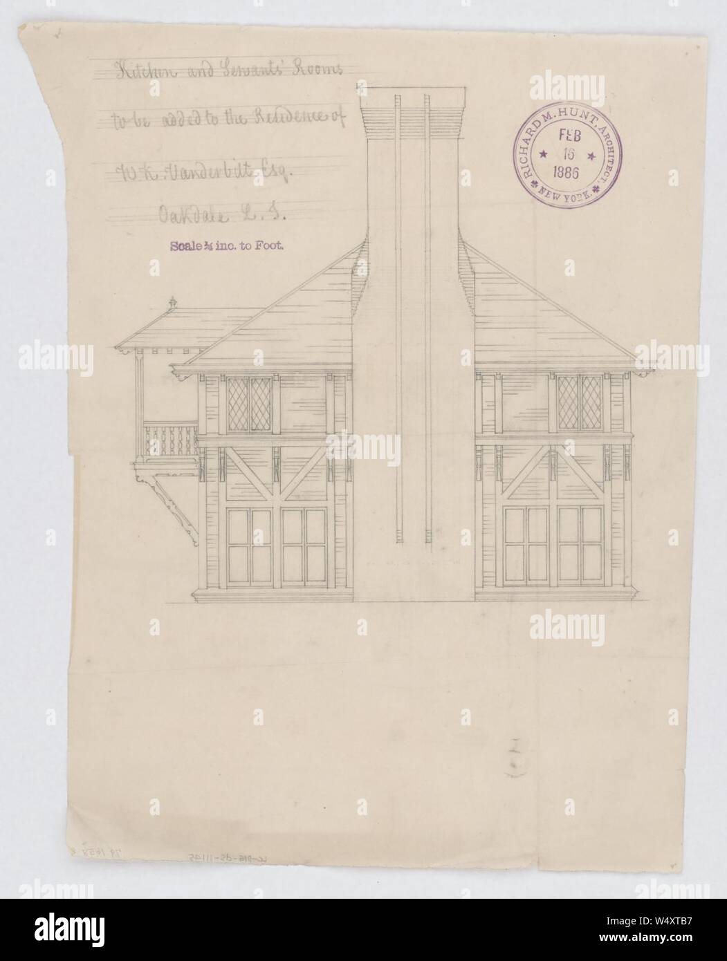 Country Residence ('Idle Hour') für William K. und Alva Vanderbilt, Oakdale, Long Island, New York). (Küche und Zimmer Beamten hinaus). (Elevation) - Richard M. Hunt, Architekt, Neue Stockfoto