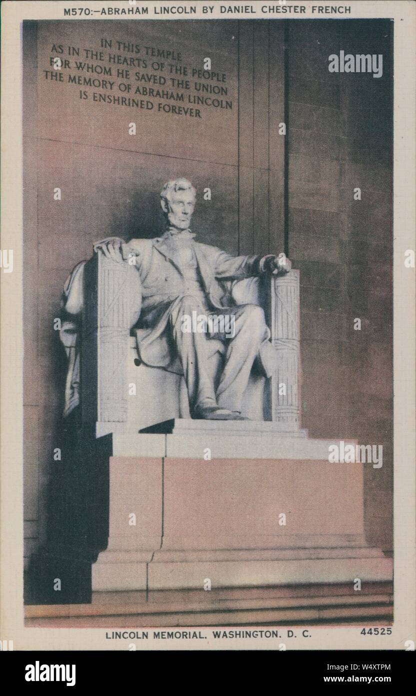 Alte Ansichtskarte Reproduktion der Statue von US-Präsident Abraham Lincoln von Daniel Chester French, Lincoln Memorial, die National Mall, Washington, D.C., 1930. () Stockfoto