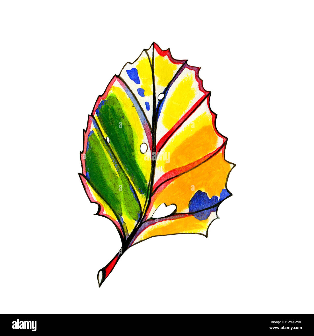 Aquarell stilisierte Grafik Herbst Blatt. Hand mit Pastell gelb, orange und grün Farben bemalt. Blaue, rote und schwarze Tinte Kontur. Isoliertes Objekt auf Stockfoto