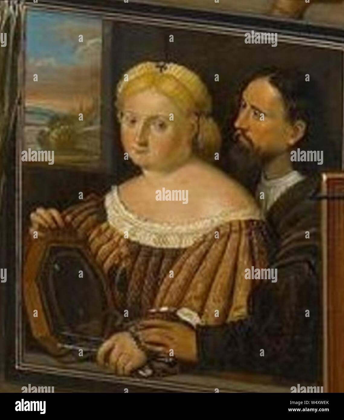 Paar mit einem Spiegel von Willem van Haecht. Stockfoto