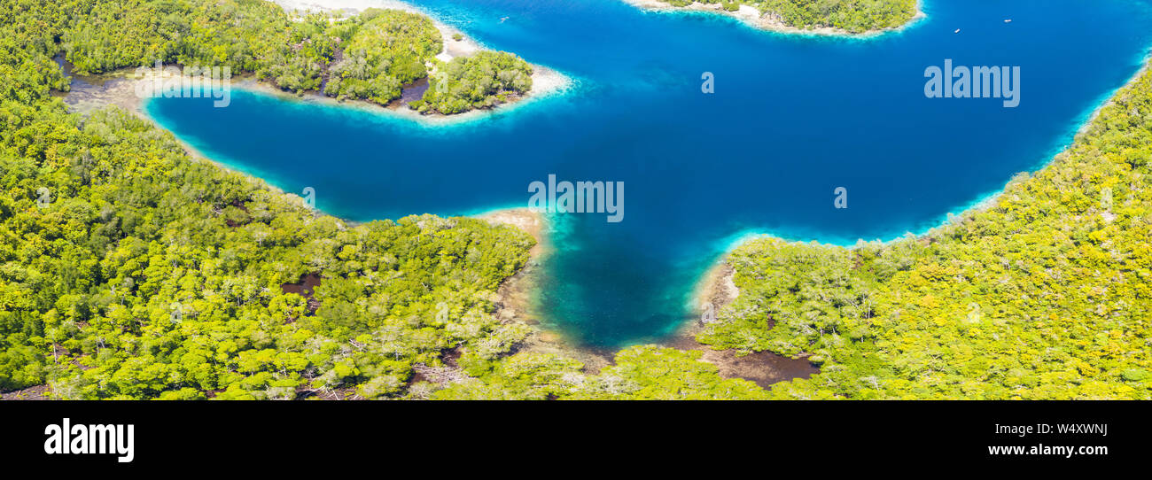 Aus der Luft gesehen, gesunden Korallenriffen umgeben, tropischen Inseln in Raja Ampat, Indonesien. Dieses Gebiet ist für seine unglaubliche Artenvielfalt des Meeres bekannt. Stockfoto