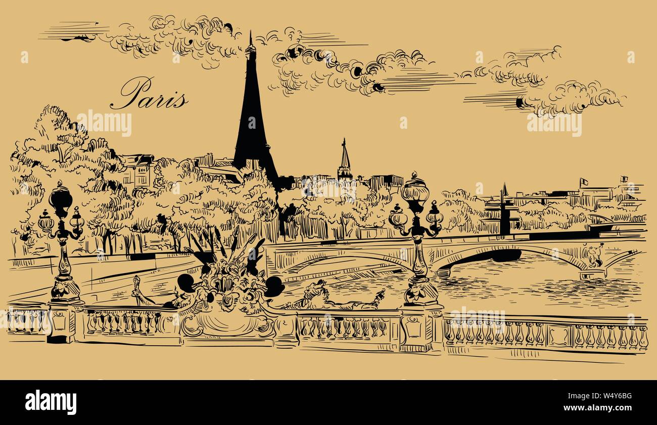 Vektor hand Zeichnung Abbildung: Eiffelturm (Paris, Frankreich). Wahrzeichen von Paris. Stadtbild mit Eiffelturm und Pont Alexandre III, mit Blick auf Seine Stock Vektor