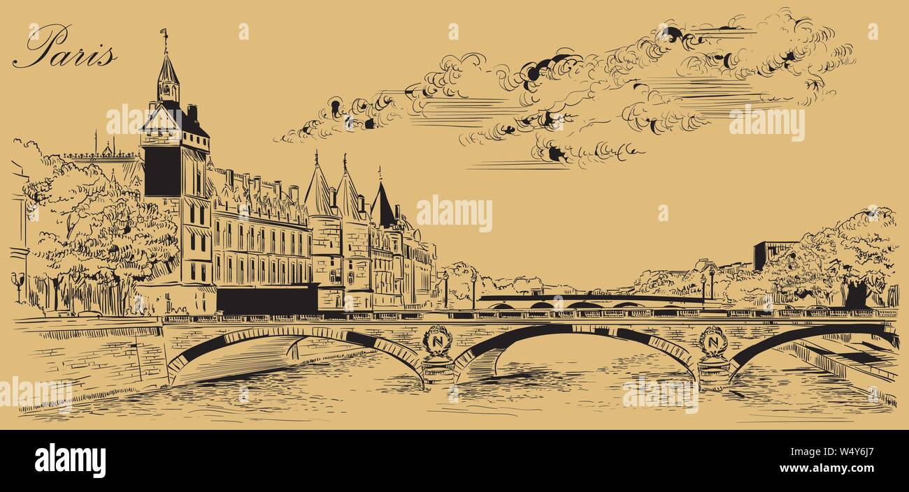 Vektor hand Zeichnung Abbildung: Das Schloss von Conciergerie (Paris, Frankreich). Wahrzeichen von Paris. Panoramablick auf das Stadtbild mit Conciergerie und Saint Mi Stock Vektor