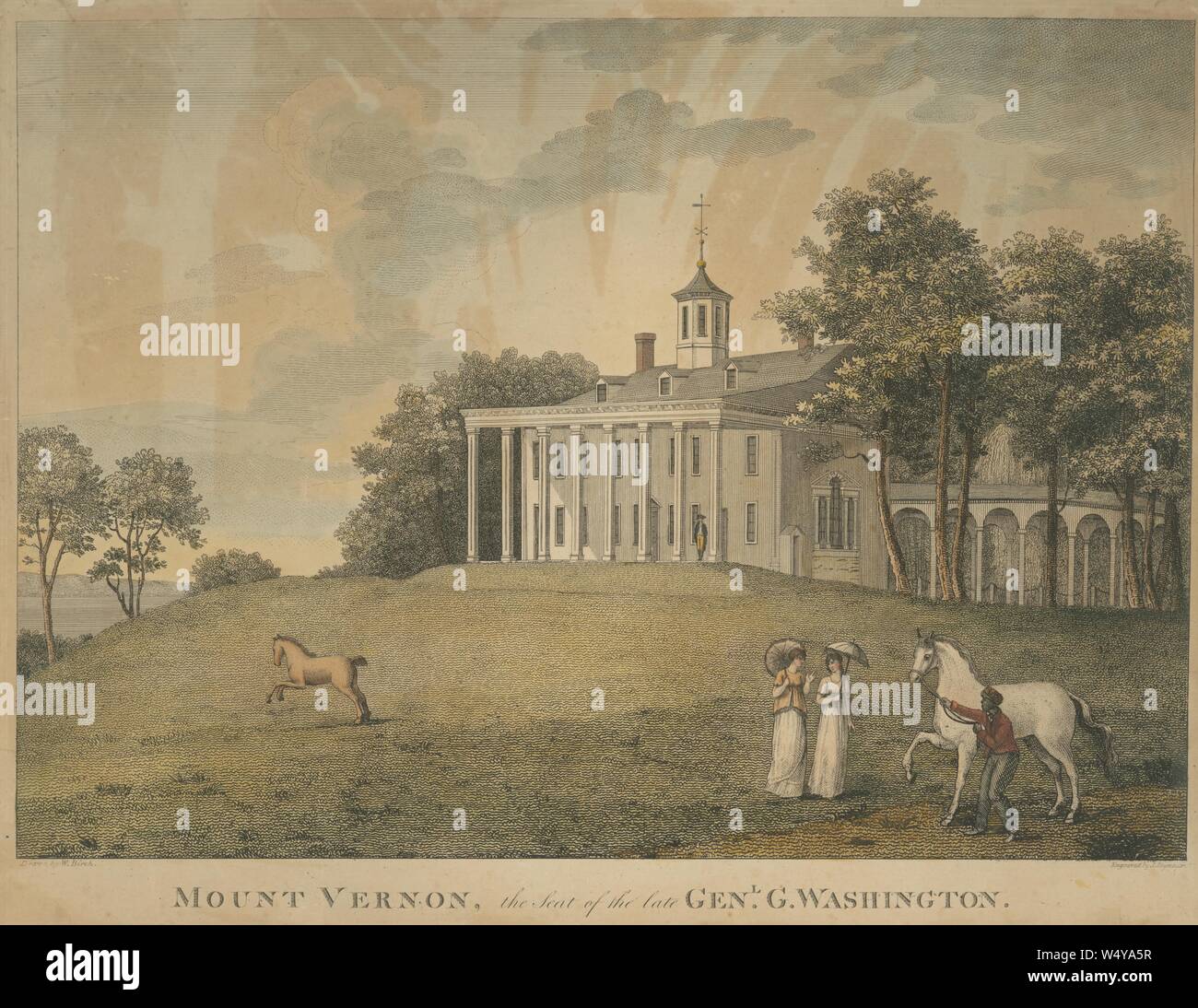 Gravur der Mount Vernon Plantage von George Washington, der erste Präsident der Vereinigten Staaten, an den Ufern des Potomac River in Fairfax County, Virginia, 1804. () Stockfoto