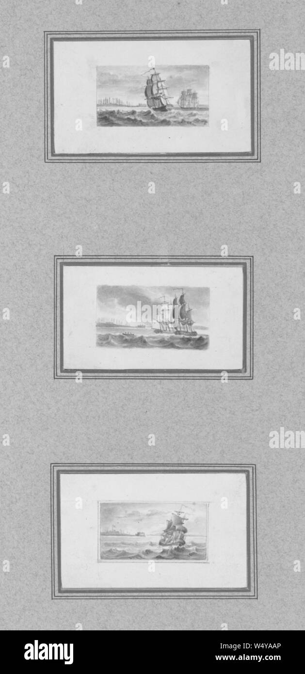 Zeichnungen der drei Banknote Vignetten von Segelschiffen, 1850. () Stockfoto
