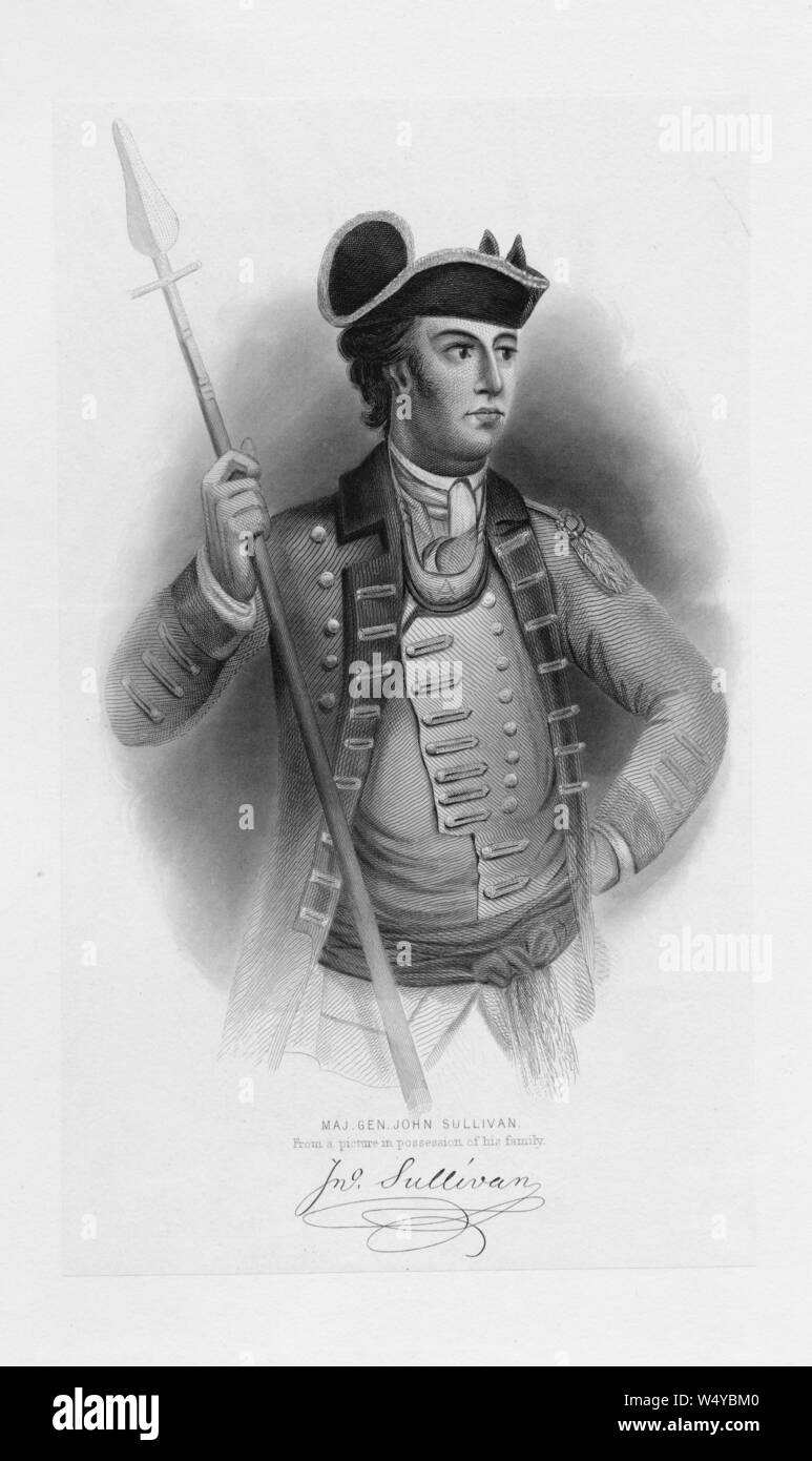 Graviert Portrait von General John Sullivan, einem Iren - amerikanische Allgemeine im revolutionären Krieg, Mitglied des Kontinentalkongresses, der Gouverneur von New Hampshire und einem Vereinten Bundesländer Richter, 1770. () Stockfoto