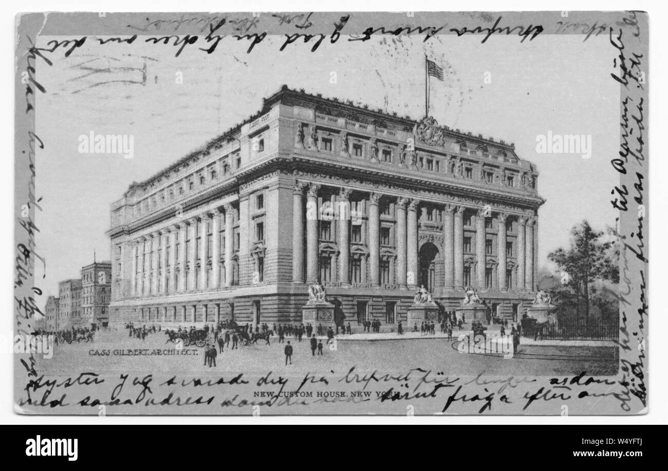 Postkarte des Alexander Hamilton Usa Custom House in Bowling Green, New York City, von Ullman Manufacturing Co, 1907 veröffentlicht. Von der New York Public Library. () Stockfoto