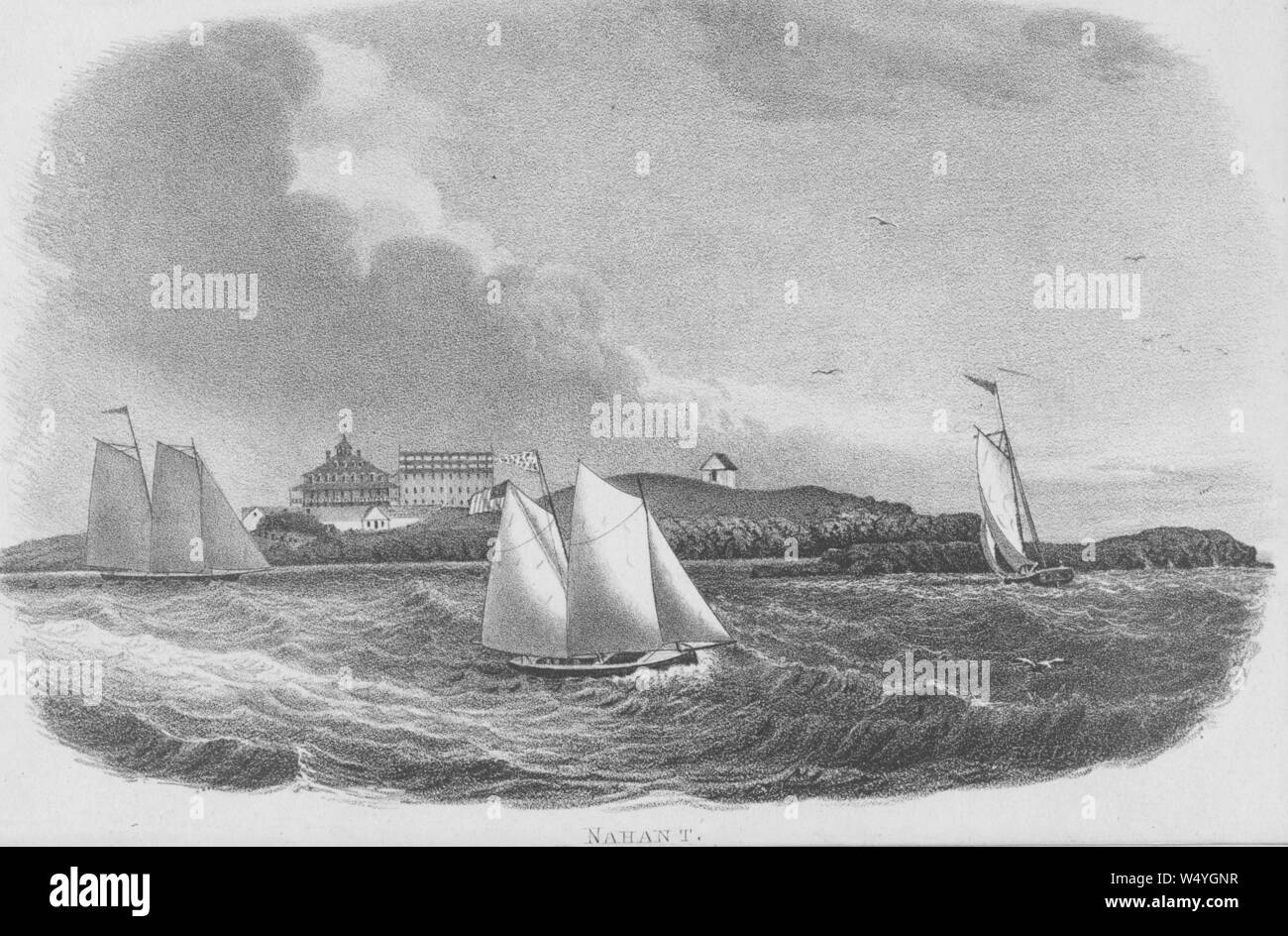 Gravur der Stadt Nahant in Essex County, Massachusetts, gesehen von der See, 1700. Von der New York Public Library. () Stockfoto
