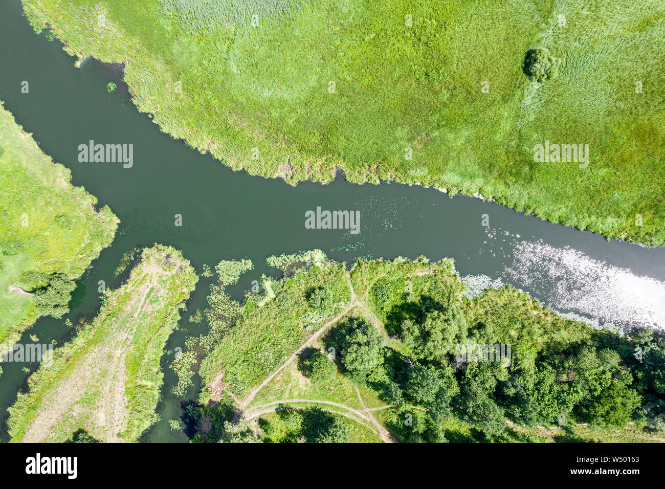 Sommer green valley river panorama Landschaft. Antenne Landschaft des Flusses im grünen Feld Stockfoto