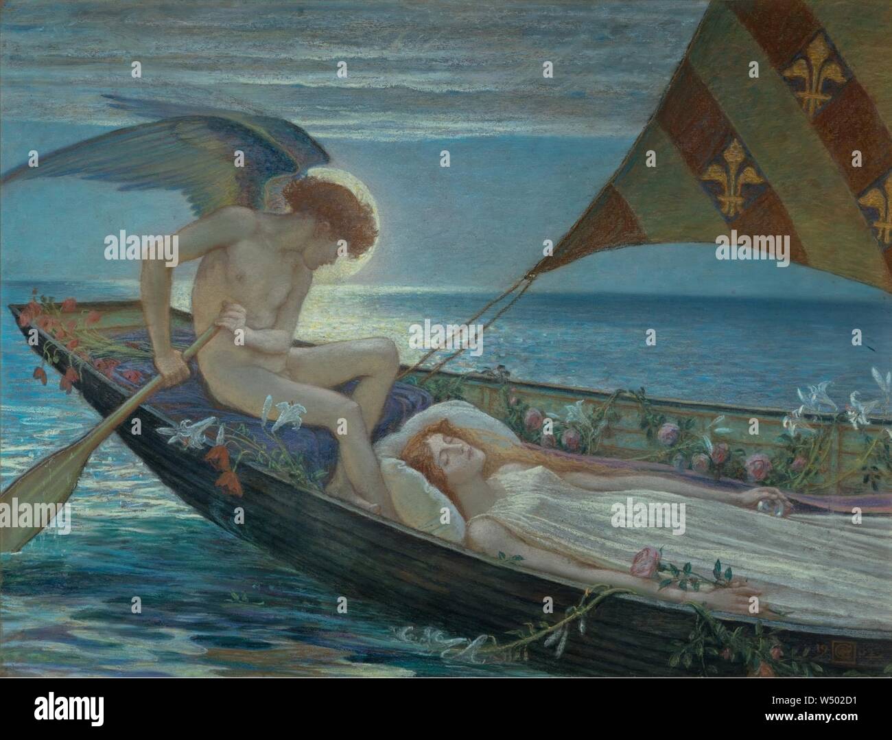 Walter Crane, Cesta na věčnost (ein Traum, Voyage de R-ve), 1902, Pastell na Lepence 175 x 252 mm, sbírka kresby Národní galerie v Praze. Stockfoto