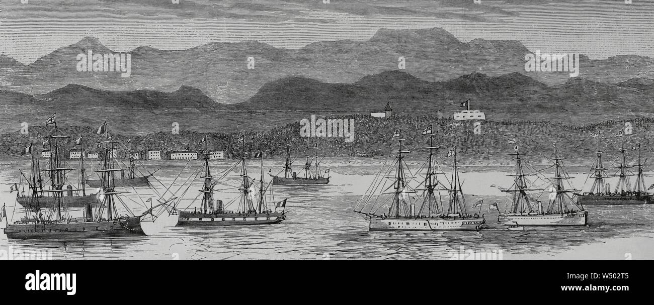 Isla de Madagaskar. Vista del Puerto de Tamatave, ocupado por Los Franceses el 19 de Oct de 1883. Fué colonia Francesa hasta su Independencia en 1960. Grabado. La Ilustración Española y Americana, 22 de Septiembre de 1883. Stockfoto