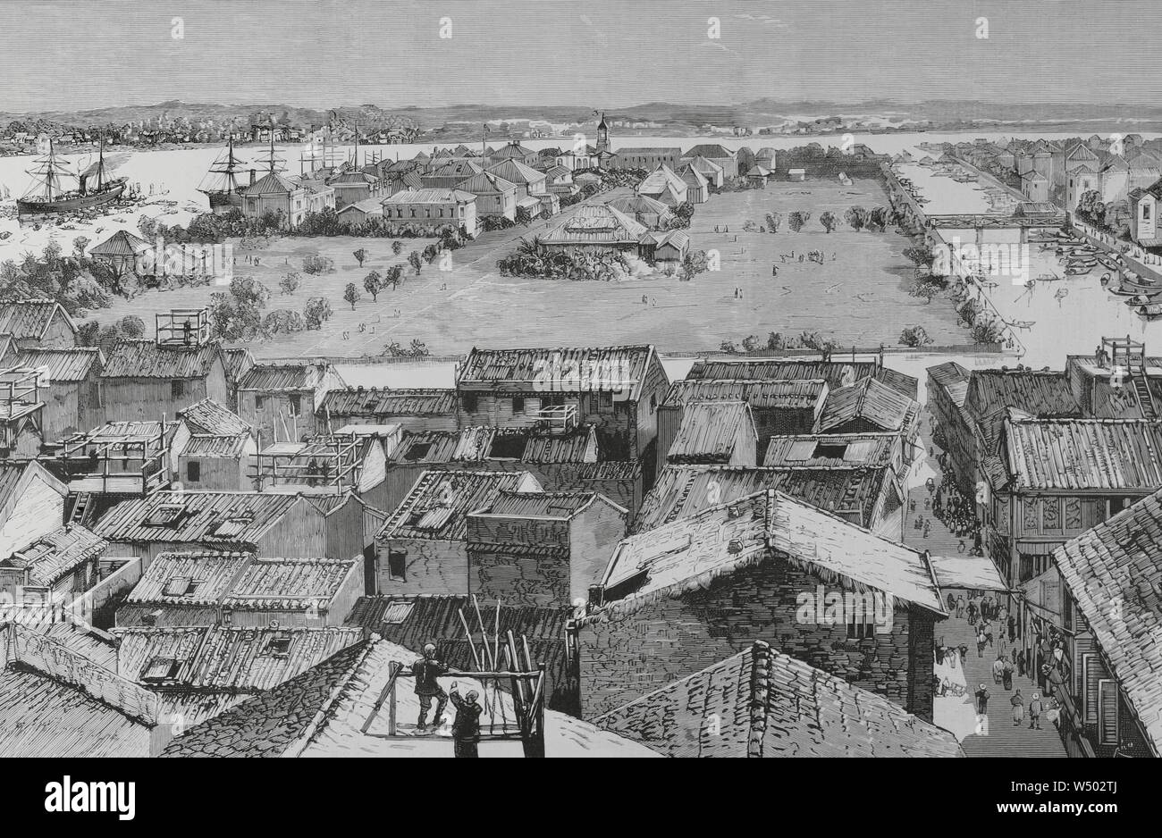 China. Ciudad de Cantón. Puerto Chino comercial Abierto al Mercado äußere. Vista del hamien'o Barrio de los Europeos. 1 - Rio y Fondeadero. 2 - Piña del Consulado internacional. 3 - Iglesia Británica. Grabado por Bernardo Rico (1825-1894). La Ilustración Española y Americana. 30 de Septiembre de 1883. Stockfoto