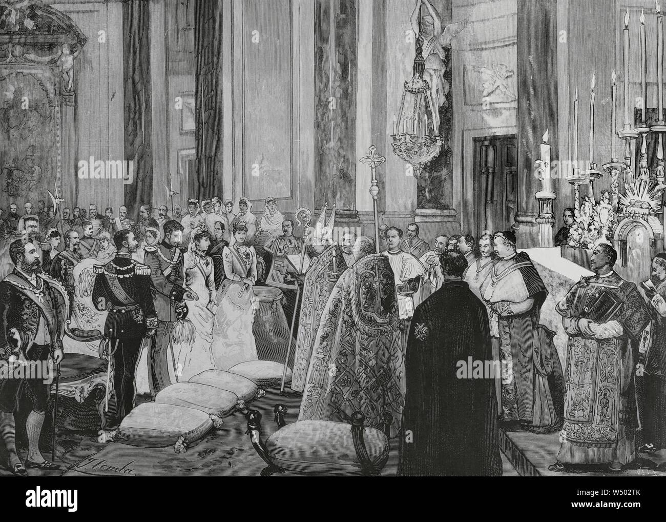 España. Palacio Real de Madrid. Las Bodas de SS. AA. RR. Doña María de la Paz de Borbón (1862-1946) y el Príncipe Luis Fernando de Baviera (1883-1946). Ceremonia de la bendición Honeymoon en la capilla, el día 2 del corriente Mes. Presidieron el acto los reyes Alfonso XII y María Cristina de Habsburgo-Lorena, y la Reina madre Doña Isabel de Borbón (Isabel II). Dibujo del Natürliche, por Juan Comba. Grabado por Vela. La Ilustración Española y Americana, 15 de abril de 1883. Stockfoto