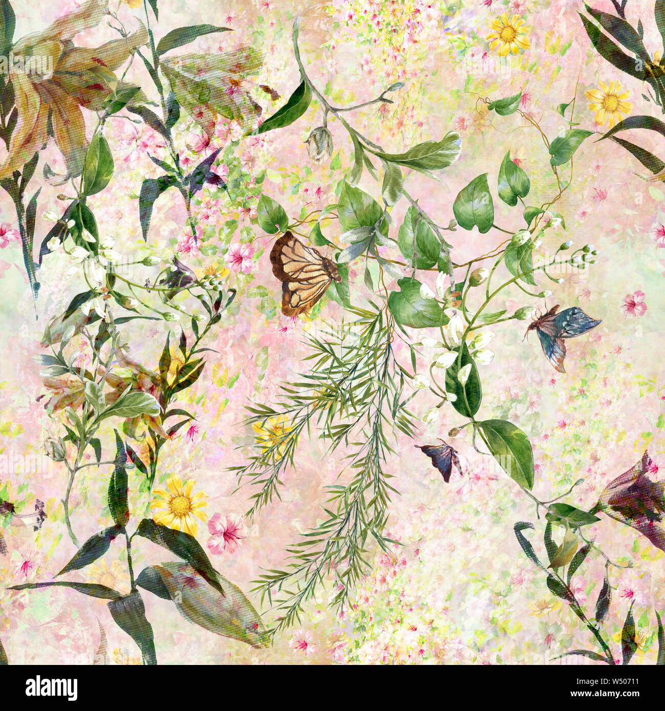 Aquarell von Blatt und Blumen, nahtlose Muster Stockfoto