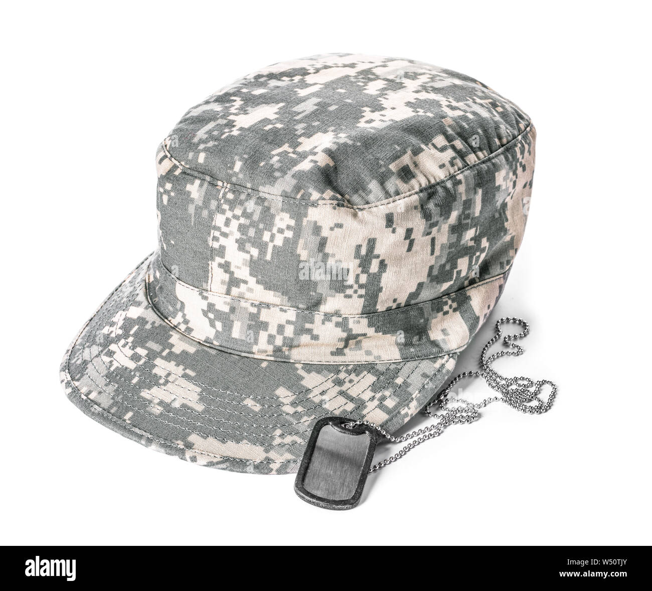 Military Cap und Dog Tag auf weißem Hintergrund Stockfoto