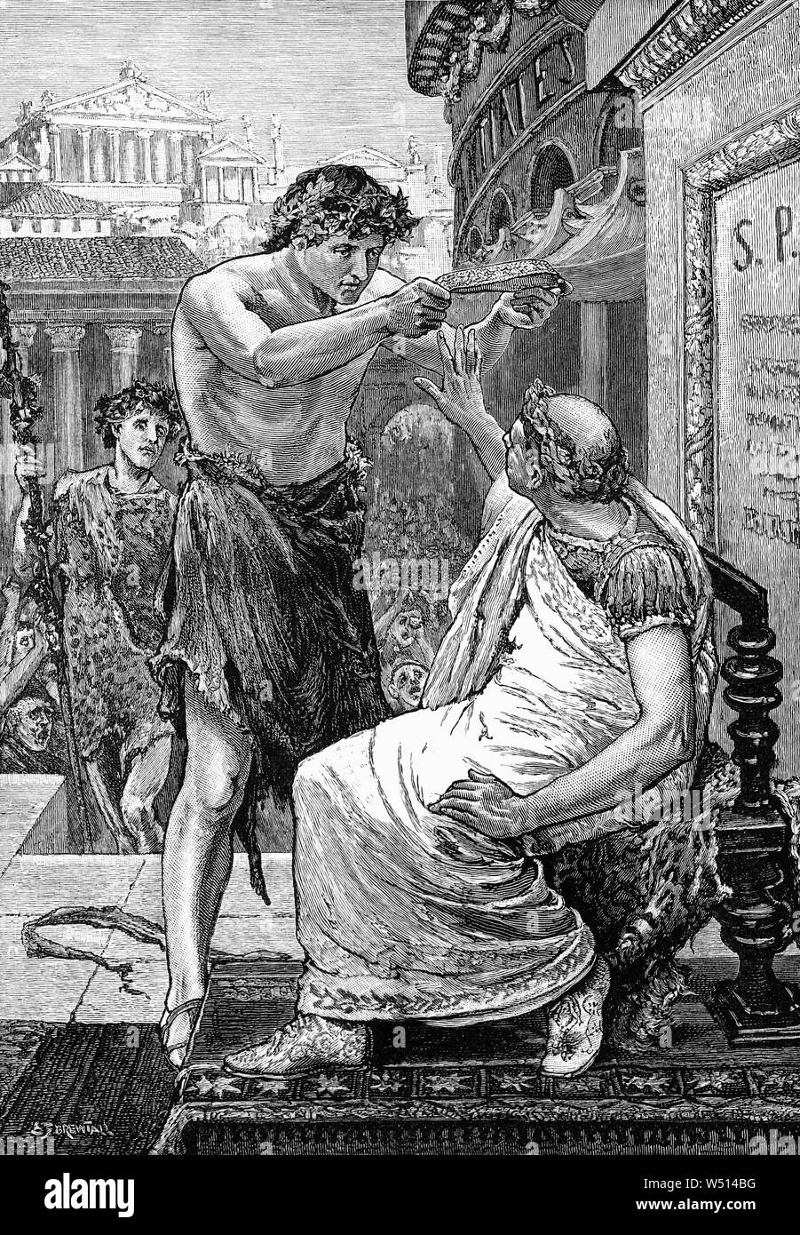 Während das Fest des Lupercal oder Lupercalia, Mark Antony, Caesar's Stellvertreter, Angeboten Julius Cäsar eine Krone bei drei Gelegenheiten, und Caesar lehnte es ab, weil er nicht wollte, dass die Leute denken, dass er ein König war. Julius Caesar war der Römische Führer in 44 v. Chr., bis er getötet wurde, als das Gerät automatisch an Marc Antony ging als er Caesar's Co-Konsul. Stockfoto