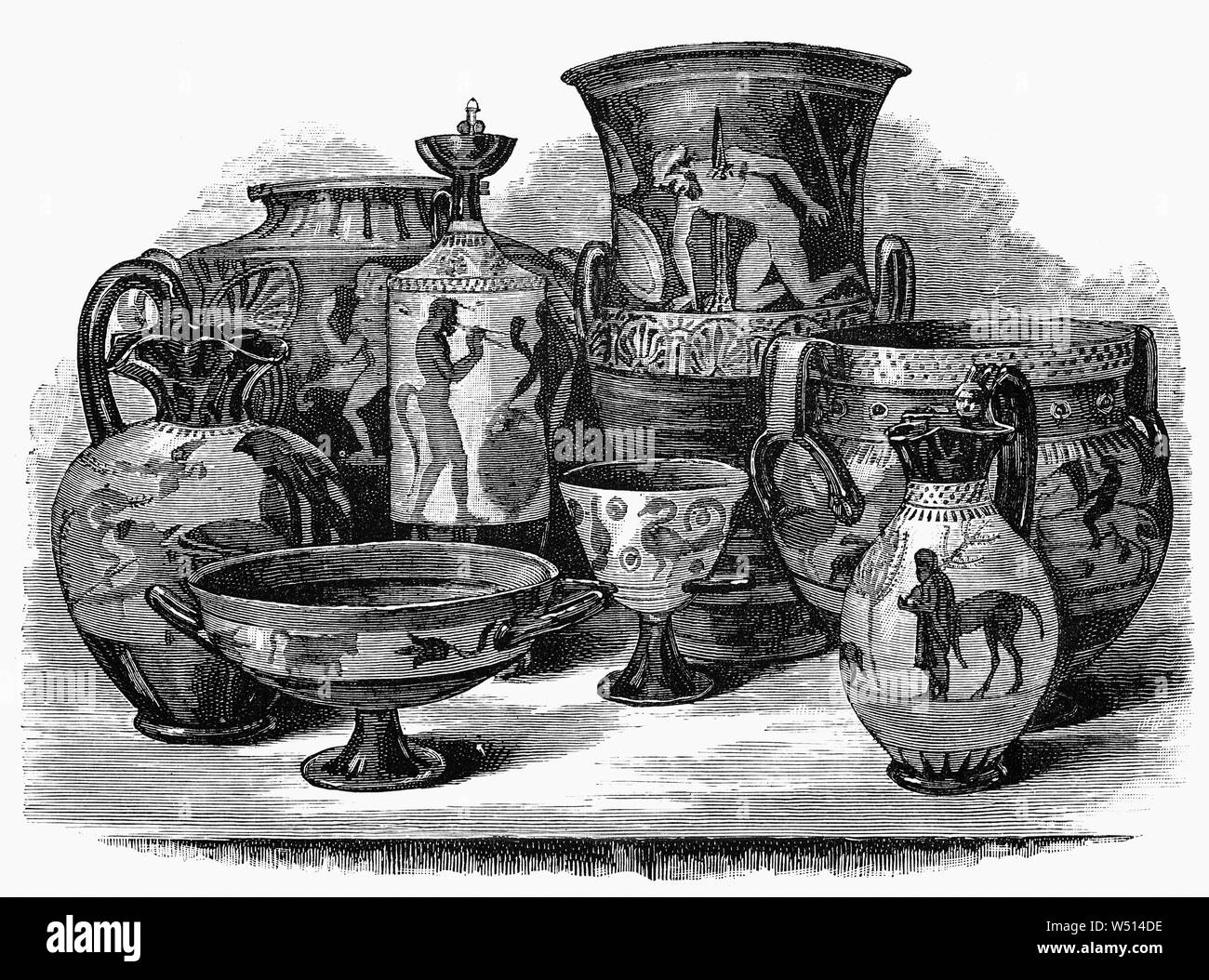 Vasen von der Etruskischen im Zentrum von Italien zwischen dem 9. und 2. Jahrhundert v. Chr. von griechischen Vase Malerei beeinflusst wurden produziert, mit den gleichen Techniken und weitgehend die gleichen Formen. Sowohl die Schwarz-Abbildung vase Malerei und später Rot - Abbildung vase Maltechniken verwendet wurden. Die Themen waren auch sehr oft aus der griechischen Mythologie in späteren Perioden erstellt. Es wurde vorgeschlagen, dass viele oder die meisten kunstvoll bemalte Vasen wurden speziell gekauft in Bestattungen verwendet werden, als Ersatz, billiger und weniger wahrscheinlich Räuber zu gewinnen, als die Schiffe in Silber und Bronze. Stockfoto