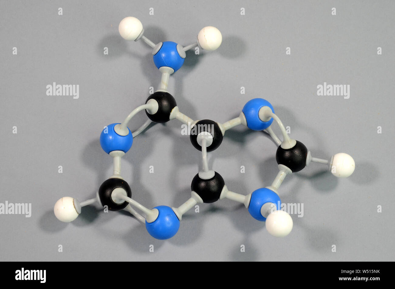 Molekülmodell des DNA-element Adenin. Schwarz Carbon, Rot ist Sauerstoff, Weiß ist Wasserstoff, Blau ist Stickstoff Stockfoto