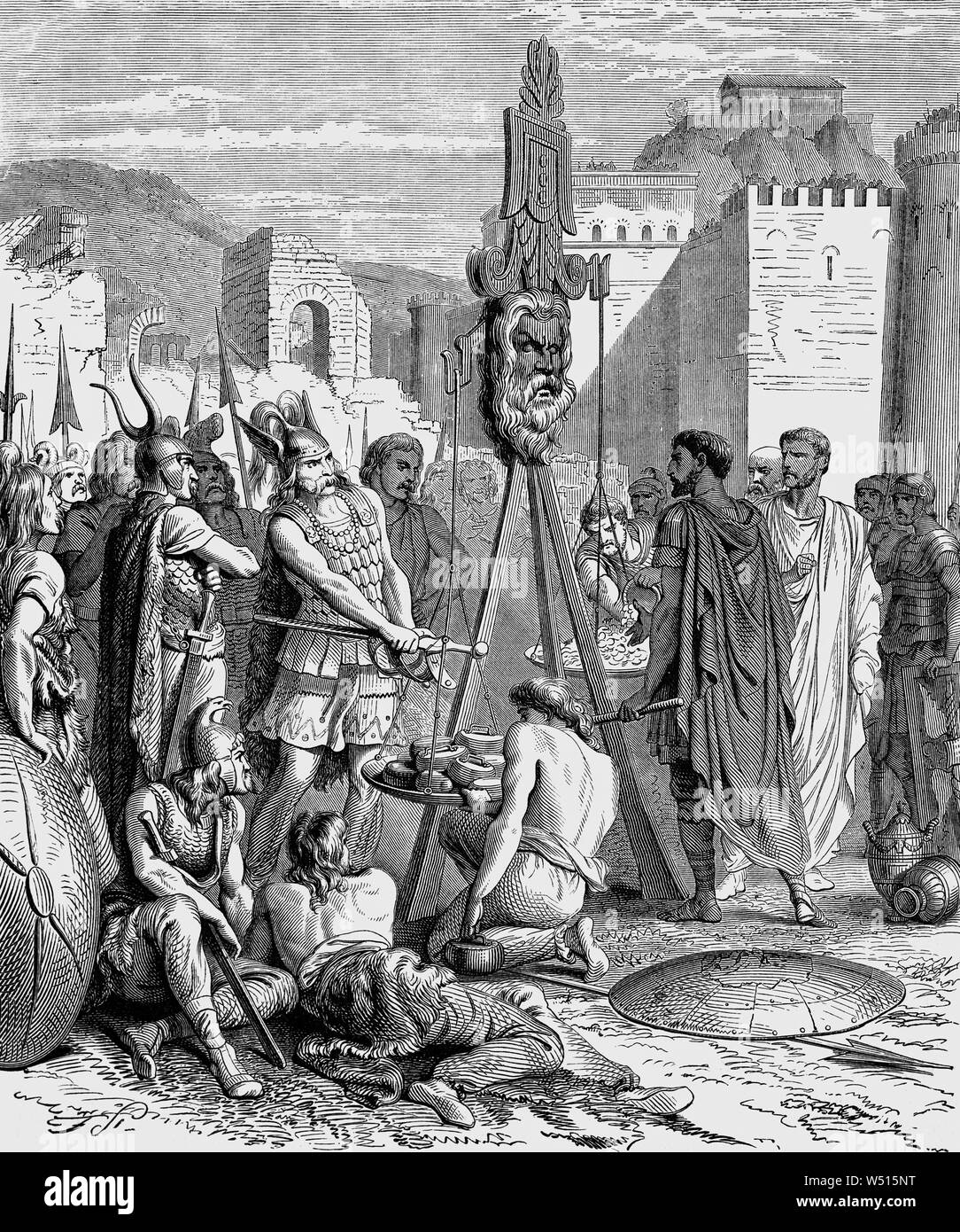 Brennus (oder Brennos) war ein Häuptling der Senones in Rom. Er besiegte die Römer in der Schlacht an der Allia (18. Juli 390 v. Chr.) im Jahr 387 v. Chr., führte eine Armee von cisalpine Gallier in ihren Angriff auf Rom und die meisten der Stadt gefangen, es Holding für mehrere Monate. Brennus's Sack von Rom war das einzige Mal in 800 Jahren ist die Stadt durch ein nicht besetzt war - Römische Armee vor dem Fall der Stadt auf die Westgoten in 410 AD. Stockfoto