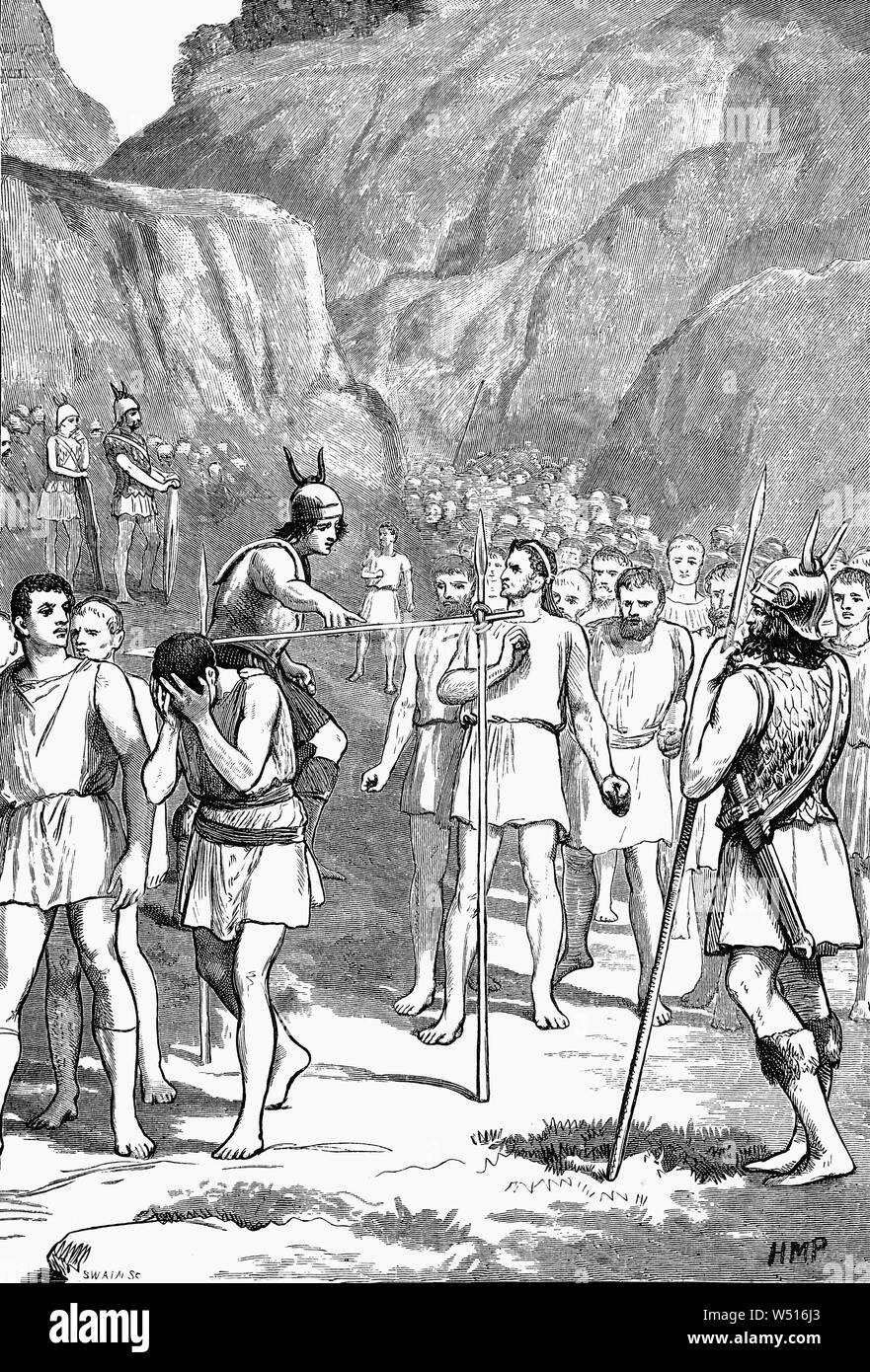 Die Schlacht von Caudine Forks, 321 v. Chr., war ein entscheidendes Ereignis des Zweiten Samnite Krieg, in dem die Römer in einem eingeschlossenen Tal in der Nähe von CAUDIUM an der Via Appia in der Nähe von Kampanien gefangen waren, Süditalien von den Samniten. Richter und Staatsanwälte auf beiden Seiten versucht, die besten Konditionen für Ihre Seite zu bekommen und zwar unter Beachtung der Bestimmungen des Krieges und die Durchführung des Friedens. Am Ende waren die Samniten entschieden, dass es für die künftigen Beziehungen besser sein zu lassen die Römer gehen, während in ihrer Kampagne gegen die Samniten durch Ehre behindert. Stockfoto