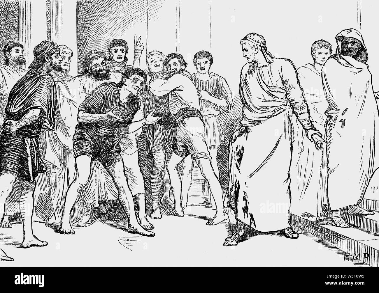 Lucius Posthumius Megellus, (C. 345 - 260 v. Chr.) ein Politiker und General der Römischen Republik, in Tarentum an der südlichen Küste von Apulien, Italien gesendet Wiedergutmachung zu verlangen. Die Tarentines gab ihm Publikum in ihrem Theater, wo Posthumius in griechischen gerichtet, als er den Befehl könnte, aber falsch plazierte einen Akzent, falsche und seine Zuhörer brachen in Gelächter aus, wenn Er protestierte, zischte sie ihn von der Bühne. Als er sich zurückzog, Seine senatorische Kleid spatterd war mit Dreck, er hielt das Kleid und das Lachen wuchs. Beleidigt, Rom erklärten Krieg gegen die Tarentines. Stockfoto