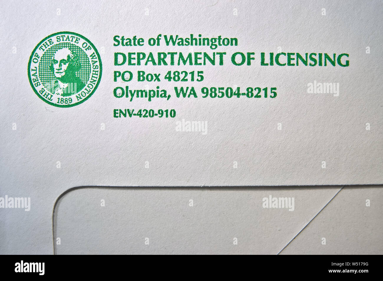 State of Washington Department of Licensing Umschlag close-up, 2019 Stockfoto