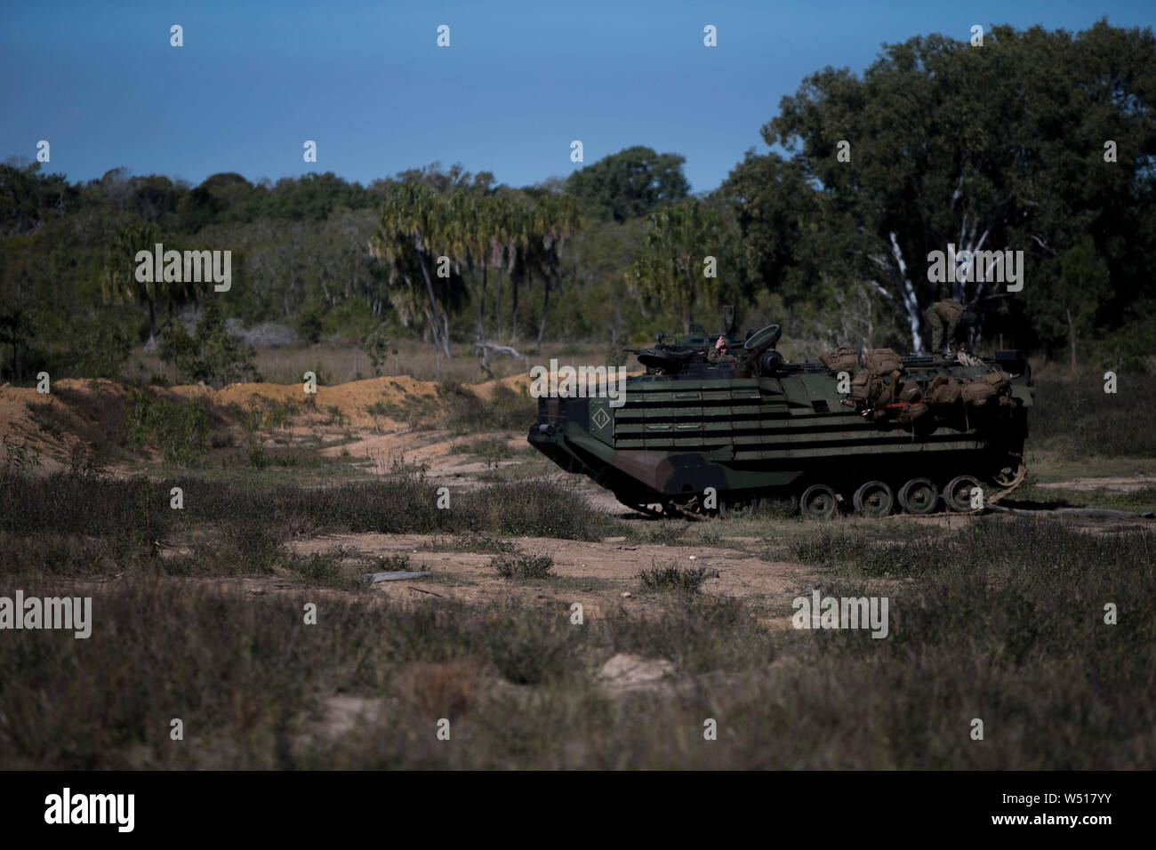 Ein Angriff Amphibienfahrzeug mit Fox Company, Bataillon Landung Team, 2.BATAILLON, 1 Marines, 31 Marine Expeditionary Unit, hält eine defensive Position bei Patrouillen in der Shoalwater Bay, Queensland, Australien, 16. Juli 2019. Die 31. MEU und Wasp Amphibious Ready Gruppe sind derzeit an Talisman Sabre 2019 vor der Küste im Norden von Australien. Talisman Sabre wurde entwickelt, um Partner Nation combat Readiness und Interoperabilität durch realistische, eine entsprechende Ausbildung zu verbessern, die Steigerung der Fähigkeit und Fertigkeit zu Krise als Teil einer kombinierten Anstrengungen zu reagieren und Stockfoto