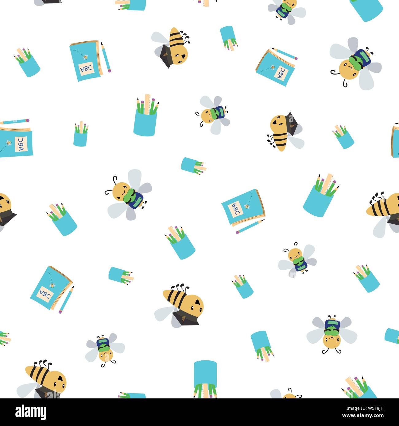 Besetzt Bienen mit Bücher, Taschen und Bleistifte zurück zu Schule design Niedlich. Die nahtlose Vektor Muster auf weißem Hintergrund. Toll für Kinder, Vorschule Stock Vektor