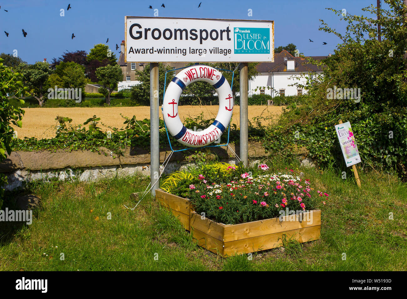 25. Juli 2019 Ein großes Willkommen Schild am Stadtrand von Groomsport Dorf im County Down. Das Zeichen zeigt das Dorf ein Ulster in Bloom Award Gewinner ist Stockfoto