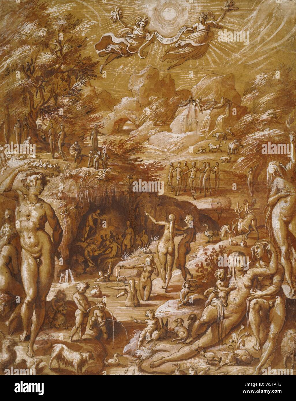 Das Alter von Gold, Jacopo Zucchi (Italienisch, ca. 1541-1596), Italien, um 1565, Stift und braune Tusche und Pinsel mit Braun, Ocker und Rot waschen, verstärkt mit weißem Gouache auf Ocker gestrichenen Papier, 47,9 x 37,8 cm (18 7/8 x 14 7/8 in Stockfoto