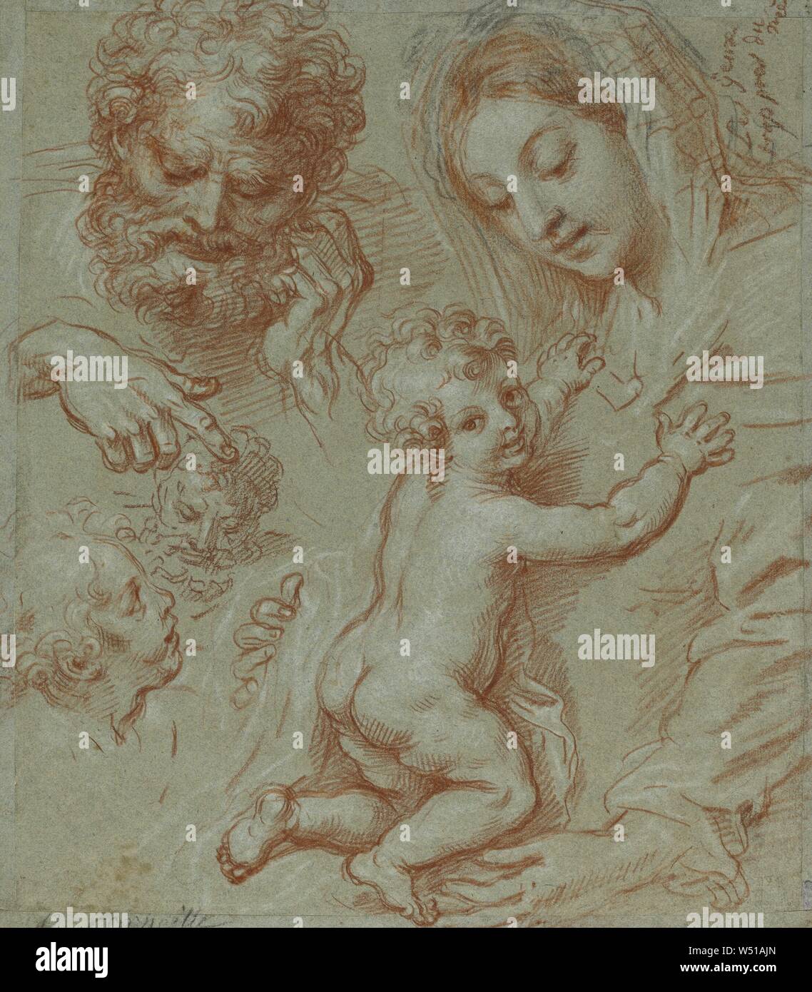 Studien der Madonna mit dem Kind und der Köpfe (recto), Madonna mit Kind und Heiligen Johannes sitzt in einer Landschaft (verso), Michel Corneille der Jüngere (Französisch, 1641 - 1708), Frankreich, ca. 1670 - 1690, rote, schwarze und weiße Kreide auf blauem Papier (recto), Feder und Tinte Braun und Braun waschen über Schwarze Kreide (verso), 31 × 27,3 cm (12 1/4 x 10 3/4 in Stockfoto