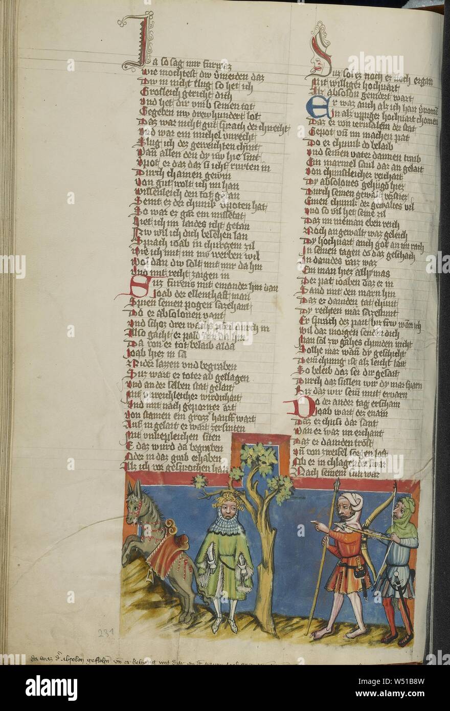 Der Tod von Absalom, Unbekannt, Regensburg, Bayern, Deutschland, ca. 1400 - 1410, Tempera Farben, gold, silber Lack, und Tusche auf Pergament, Blatt: 33,5 x 23,5 cm (13 1/4 x 9 1/4 Zoll Stockfoto