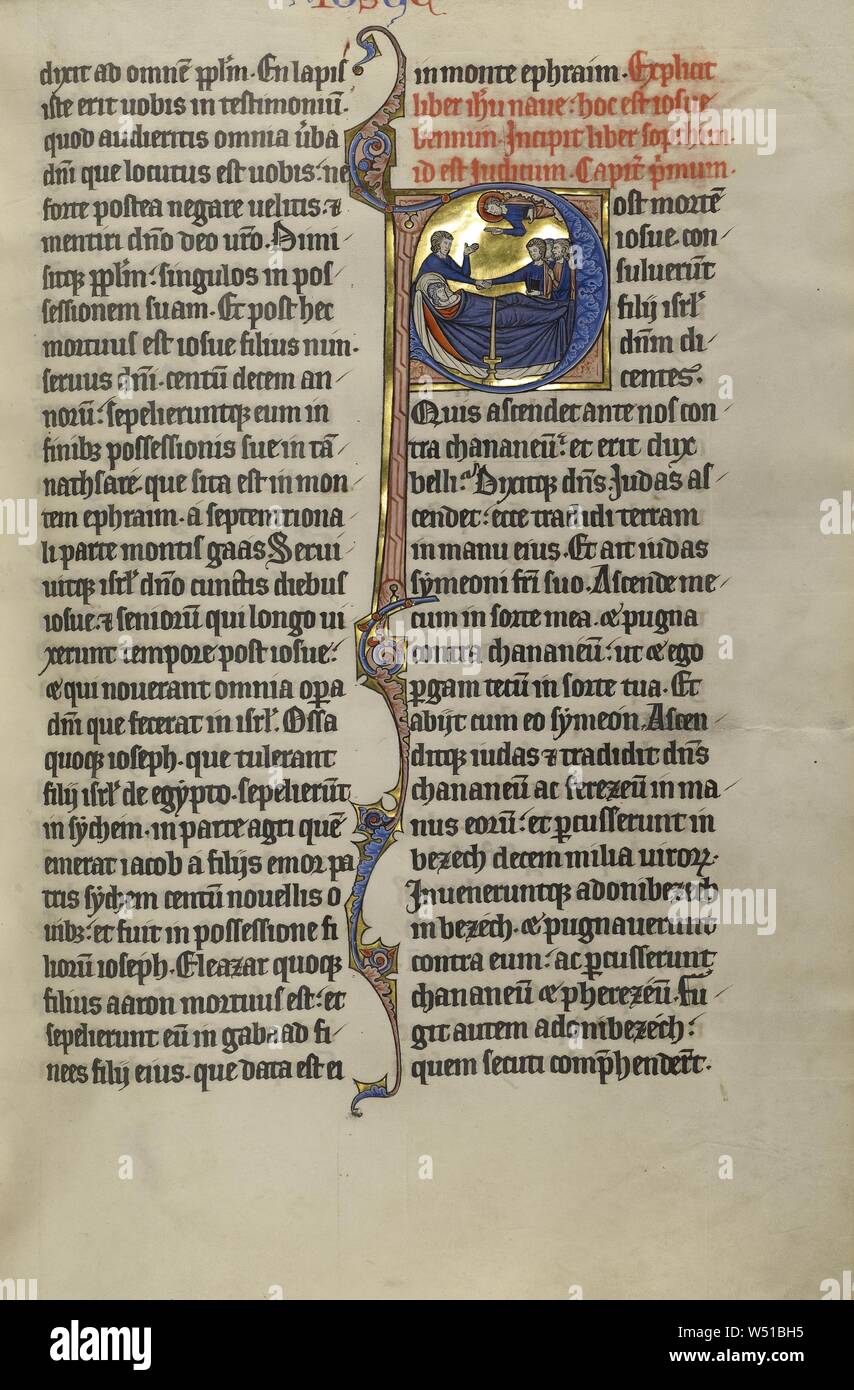 Erste P: dem Tod Josuas und der Berufung der Stamm Juda, Unbekannt, Lille (wahrscheinlich), Frankreich, um 1270, Tempera Farben, schwarze Tinte, und Blattgold auf Pergament, Blatt: 47 x 30,8 cm (18 1/2 x 12 1/8 in. Stockfoto