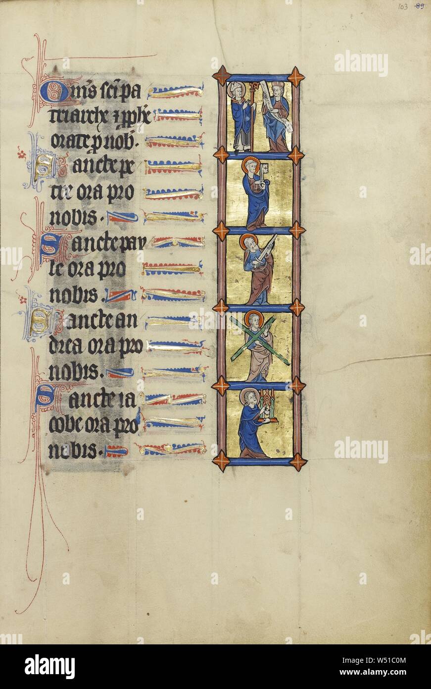 Eine Nimbed Bischof mit einem Angestellten und einem Propheten, Heiligen Petrus mit einem Schlüssel, der Hl. Paulus mit Schwert, Saint Andrew mit einem Kreuz, Saint James, eine Truhe, Unbekannt, Frankreich, Frankreich, um 1300, Tempera Farben, Blattgold, und Tusche auf Pergament, Blatt: 26,4 x 18,3 cm (10 3/8 x 7 3/16 in. Stockfoto