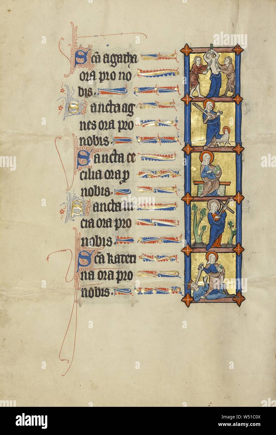 Das Martyrium der hl. Agatha, die hl. Agnes, die Saint Cecilia, Saint Lucia, Saint Catherine, Unbekannt, Frankreich, Frankreich, um 1300, Tempera Farben, Blattgold, und Tusche auf Pergament, Blatt: 26,4 x 18,3 cm (10 3/8 x 7 3/16 in. Stockfoto