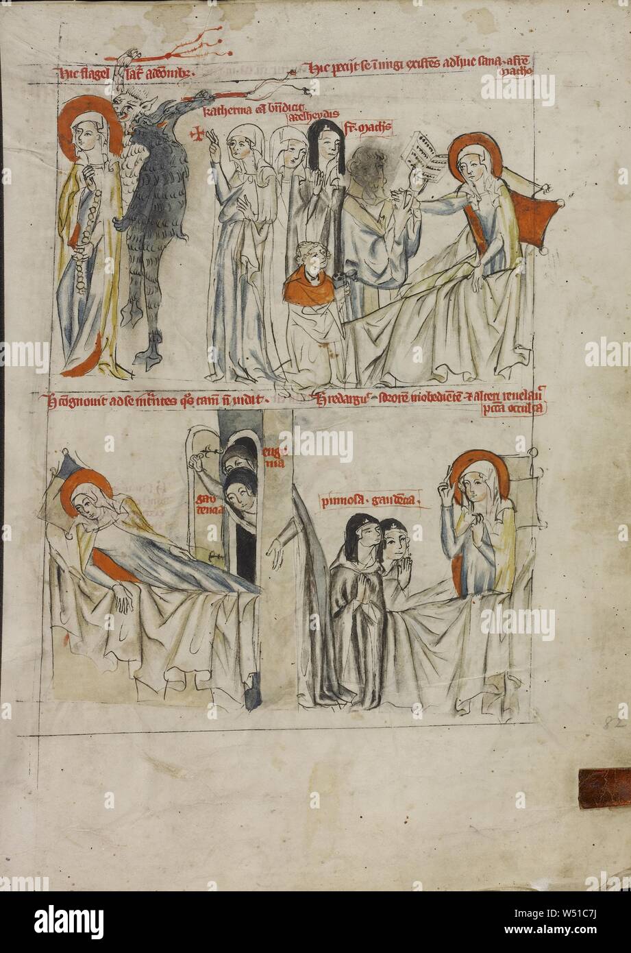 Dämonen Flagellating St. Hedwig und St. Hedwig Anfordern letzte Ölung, Heilige Hedwig anspruchsvolle Buße von zwei Nonnen, die ihren Kranken Zimmer, unbekannte Teekocher, Schlesien, Polen, 1353, Tempera Farben, farbigen wäscht, und Tusche auf Pergament, Blatt eingetragen: 34,1 x 24,8 cm (13 5/6 x 9 3/4 in Stockfoto