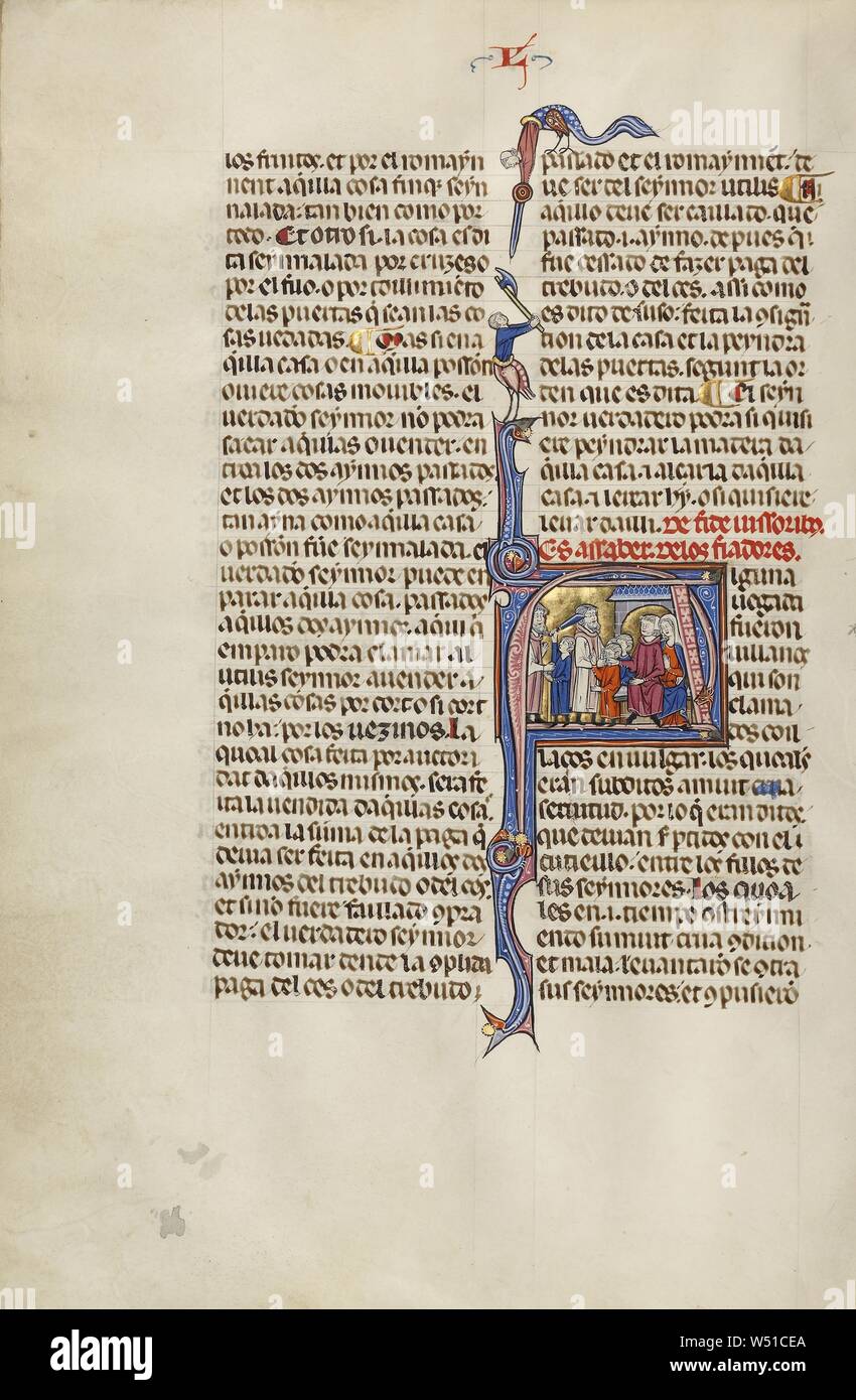 Erste A: Drei Kinder vor ihren Eltern geführt, während ein viertes Kind ein Mann mit einem Schwert, Unbekannt, Michael Lupi de Çandiu (Spanisch, aktive Pamplona, Spanien 1297-1305), der nordöstlichen Spanien, Spanien, über 1290-1310, Tempera Farben, Blattgold droht, und Tusche auf Pergament, Blatt: 36,5 x 24 cm (14 3/8 x 9 7/16 in Stockfoto