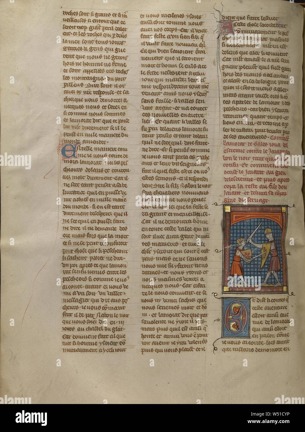 Schwert zwischen Lamorat de Gales und die riesigen Nabon le Noir, Unbekannt, Paris, Frankreich, ca. 1320 - 1340, Tempera Farben, Gold Farbe, Silber und Gold Leaf auf Pergament, Blatt: 39,4 x 29,8 cm (15 1/2 x 11 3/4 in Kampf Stockfoto